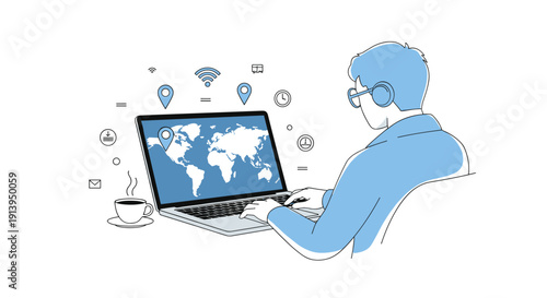 A young woman and man work on laptops in a modern office illustration featuring 3d cartoon characters connected via a global internet network and business technology