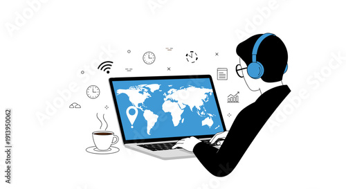 Professional woman with a headset and laptop using global network technology on her computer screen for business communication and internet connection