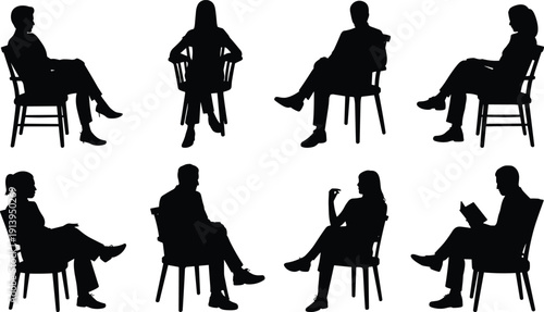 People sitting silhouette set, business men women on chairs, relaxed poses, office lifestyle concept, interview waiting room vector