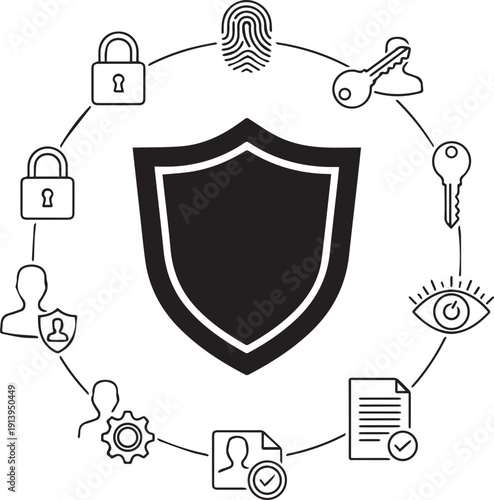 An ornate vintage heraldic emblem featuring a silver security shield with a ribbon banner and crown insignia as a decorative coat of arms vector illustration.