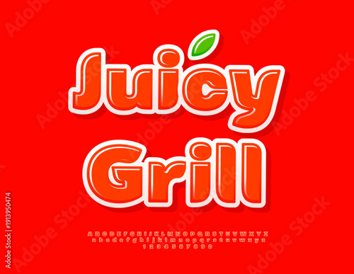 Vector Marketing poster signboard Juicy Grill. Bright 3D Font. Creative Alphabet Letters and Numbers set.