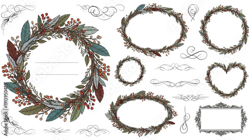 Assorted Christmas wreaths and frames in floral and greenery style, ideal for festive decoration design elements
