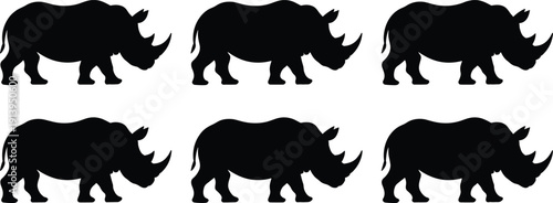 Rhinoceros silhouette collection, African safari wildlife animals, rhino herd walking poses, strong mammal figures, black vector illustration