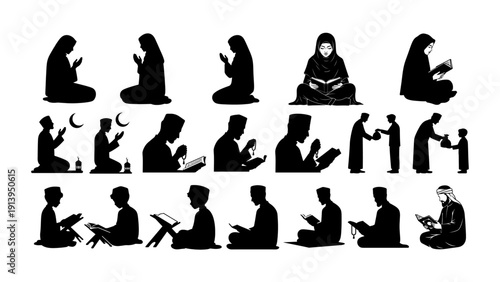 A Set of Muslim Ramadan Activities in Silhouette 