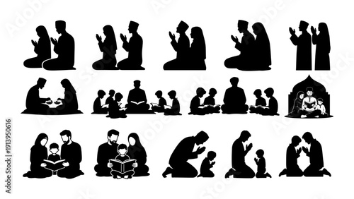 A Set of Muslim Family Ramadan Activities in Silhouette