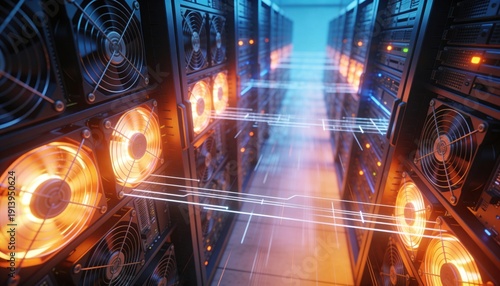 Data Center Innovation: A high-tech data center glows with neon, rows of servers hum with energy, symbolizing the backbone of the digital era.