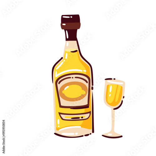 Italian limoncello bottle with glass, traditional lemon liqueur, alcohol drink symbol of Italy, bar and dining culture element. Limoncello drink icon, cartoon vector illustration.