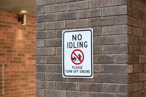 No idling sign. Please turn off engine. Air pollution. Health hazard.