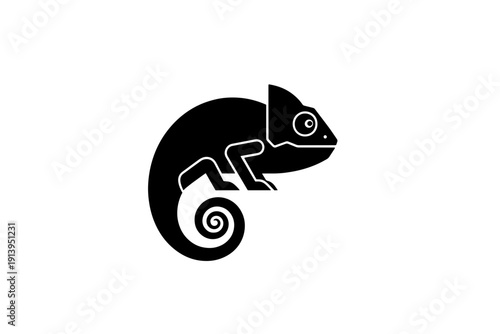 A stylized black and white illustration of a chameleon with a curled tail isolated on transparent background, isolated on white background, Vector