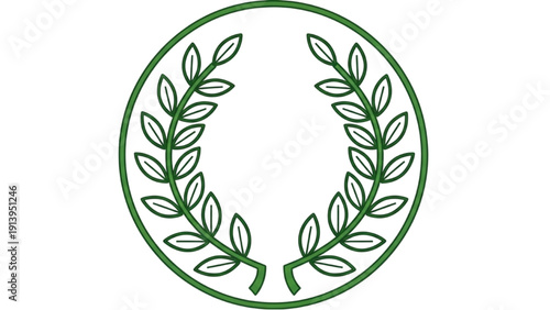A green laurel wreath illustration in a circular frame on a plain background viewed from the front