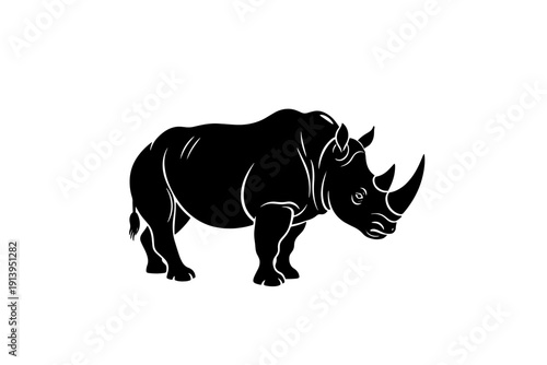 A majestic black rhinoceros standing on a white background with a detailed silhouette isolated on transparent background, isolated on white background, Vector