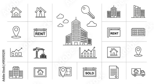 Real Estate and Property Line Icons Set – Home, Building and Investment Outline Vector