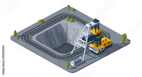 Isometric illustration of a construction site with crane and excavator.