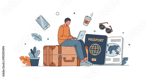 A businessman carrying a suitcase walks down a busy city street in this professional vector illustration featuring a male office worker and people using laptops for business internet work