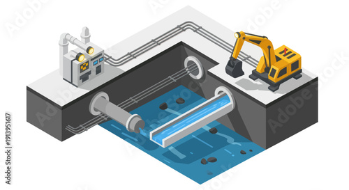 Industrial water treatment process with machinery and excavation equipment.