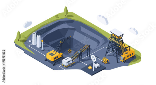 Isometric illustration of an industrial mining site with machinery and infrastructure.