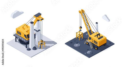 Isometric illustration of drilling rig and crane truck.