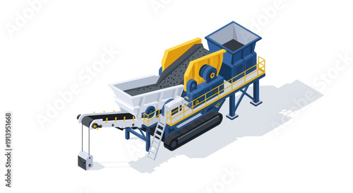 Industrial crushing machine with conveyor belt and hopper.