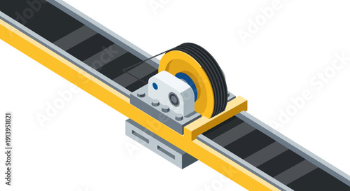 Conveyor belt system with yellow and black rollers on a white background.