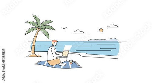 Digital nomad working on a tropical beach, enjoying the flexibility of remote work and a serene travel lifestyle. Modern business illustration