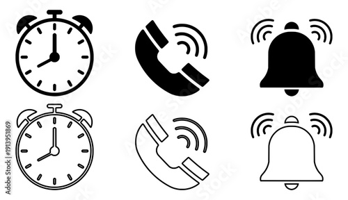 Alarm clock, phone call and notification bell icon set in solid and outline style for reminder, alert, communication and mobile app interface design.