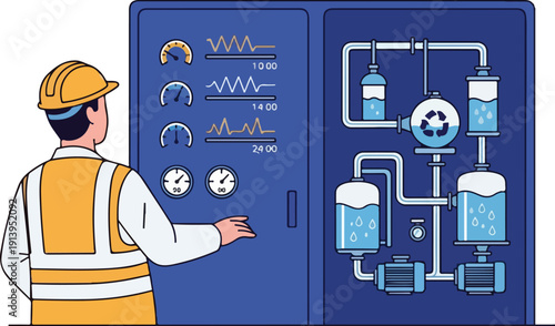 Technician operating industrial control panel with diagrams and gauges in a manufacturing setting