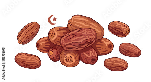 Illustration of a pile of dates on a white background with warm tones and a flat lay composition.