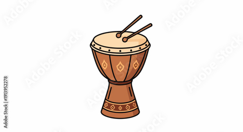 Illustration of a brown djembe drum with drumsticks on a white background in a flat cartoon style.