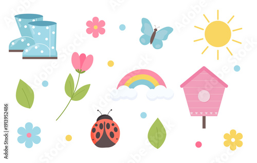 Set of cute spring objects. Suitable for clip art, stickers, flat design illustration.