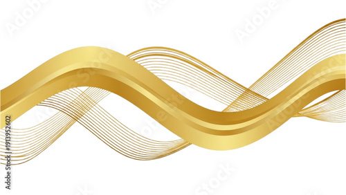 Golden wavy lines intertwining in a dynamic abstract illustration on a smooth surface, viewed from a straightforward angle