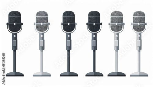 Multicolor six-stage microphones in various colors, flat illustration, minimalist vector style, clean outline, white background.