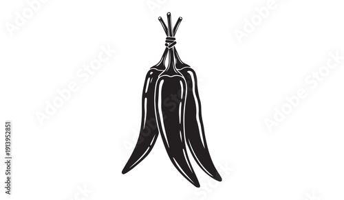 Bunch of Chili Peppers Tied Together, Isolated on White, Black and White Graphic