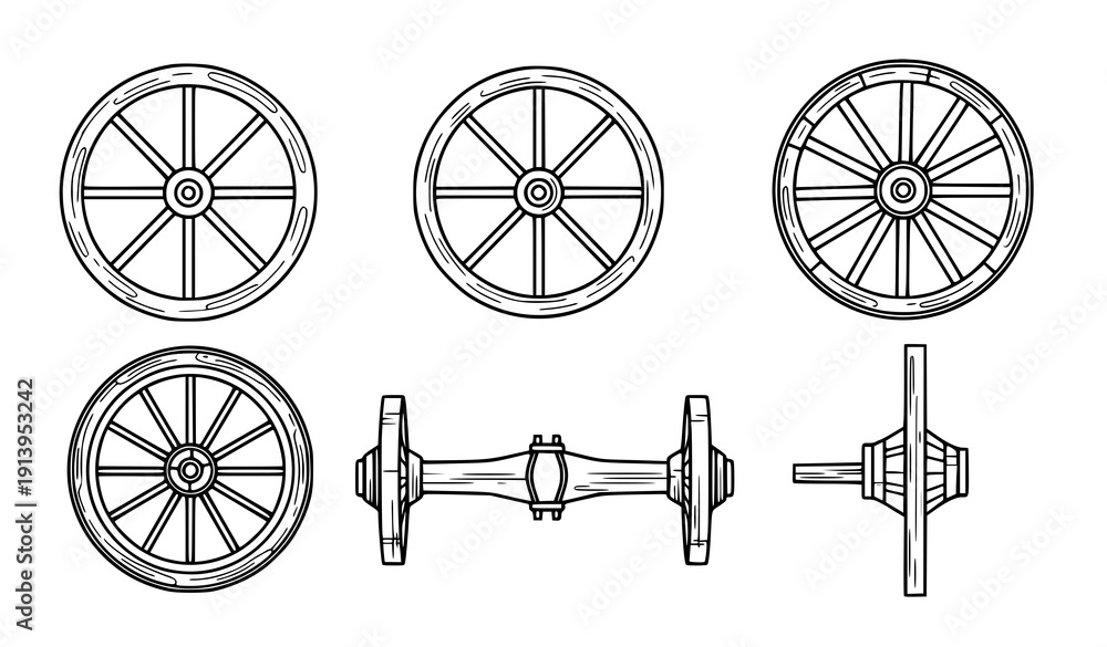 Obraz premium Wooden wagon wheel outline icon set vector spoked wheels and cartwheel symbols isolated on transparent background