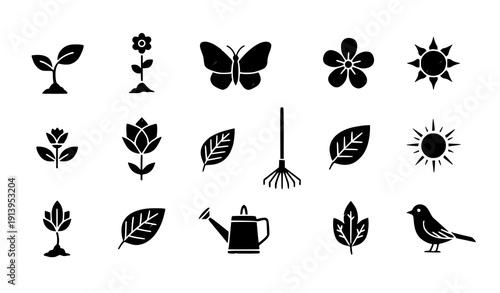 Hand-drawn spring glyph icon set vector seasonal nature symbols isolated on transparent background