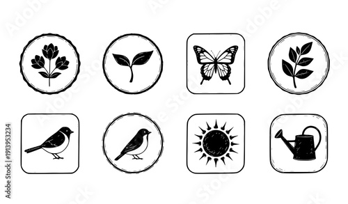 Hand-drawn spring badge icon set vector seasonal flowers and nature symbols isolated on transparent background