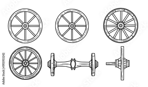 Wooden wagon wheel outline icon set vector spoked wheels and cartwheel symbols isolated on transparent background