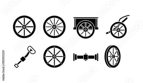 Wooden wagon wheel glyph icon set vector spoked wheels and cartwheel symbols isolated on transparent background