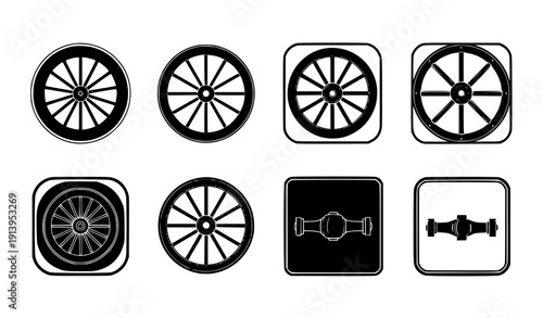 Wooden wagon wheel badge icon set vector spoked wheels and cartwheel symbols isolated on transparent background
