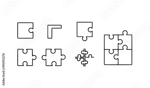 Puzzle pieces outline icon set vector jigsaw problem solving symbols isolated on transparent background