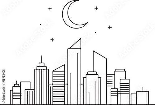 Modern city skyline at night with crescent moon illustration