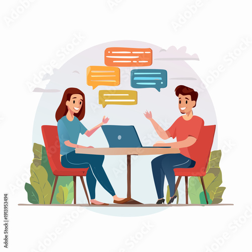 Two people having a conversation in a cafe with a laptop and speech bubbles