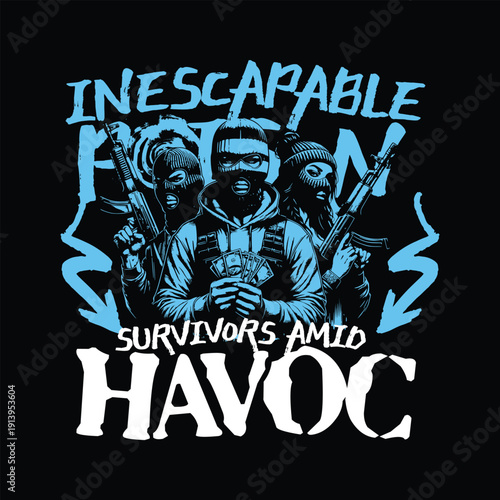 Group of armed individuals in ski masks holding money, concept of survival in chaos, stock media illustration