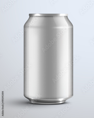 Blank aluminum can. Realistic silver metal soda or beer can mockup, ready for branding and design. Vector illustration