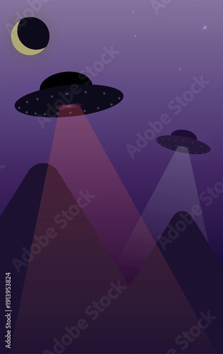 Alien Spaceship Hovering in Night Sky with Bright Cosmic Ray, Futuristic Science Fiction Concept Art