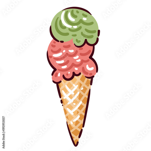 Ice cream gelato cone with double scoop. Italian gelato flavors pistachio green, strawberry pink, waffle cone, cartoon doodle style. Gelato dessert icon, vector illustration.
