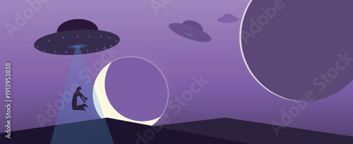 Unknown Spacecraft Abduction Scene, Cosmic Light Ray and Person in Science Fiction Universe