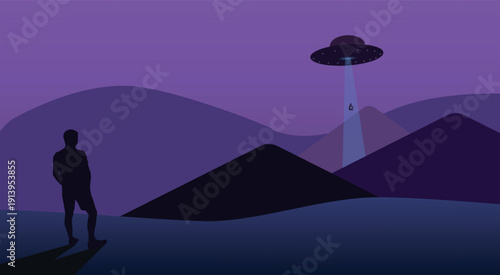 Paranormal Contact in the Night, Hovering Spaceship and Human Silhouette Under Cosmic Moon