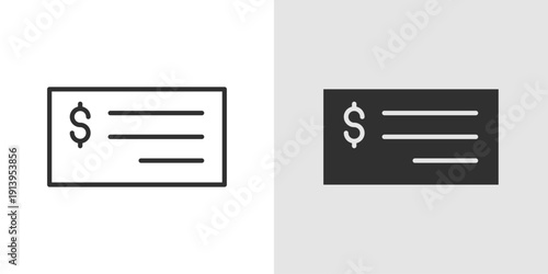 Cheque Icon representing banking transactions, payments, financial instruments, and secure money transfers.