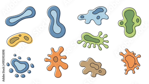 Collection of colorful bacteria and germs illustrated in various shapes and forms on a clean white background from a top view