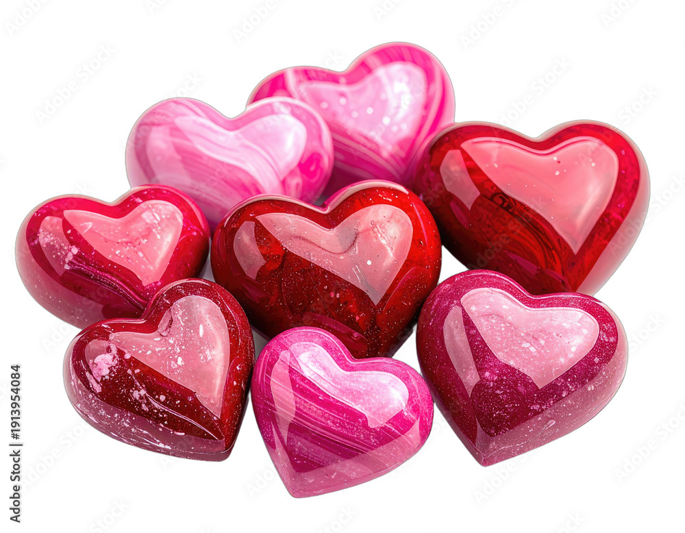 Obraz premium Pile of shiny, multi-colored heart-shaped objects with translucent and opaque textures